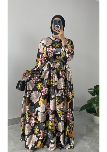 Çiçek Desenli Saten Tesettür Elbise fiyatları