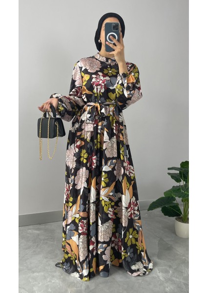 Çiçek Desenli Saten Tesettür Elbise modelleri