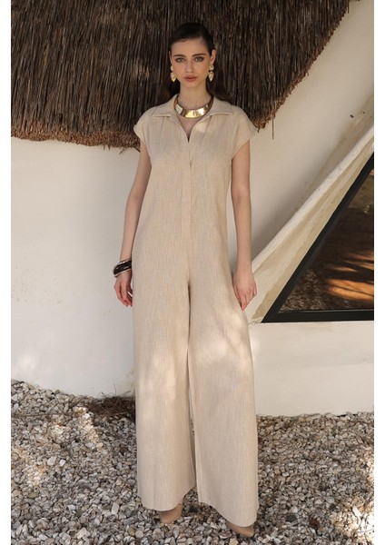 Çıt Çıtlı Keten Karışımlı Kolsuz Tulum Bej 9273