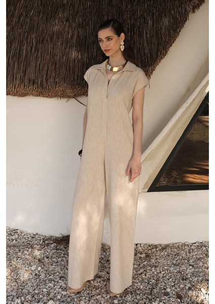 Çıt Çıtlı Keten Karışımlı Kolsuz Tulum Bej 9273 fiyatları