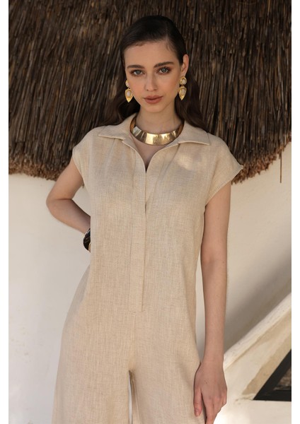 Çıt Çıtlı Keten Karışımlı Kolsuz Tulum Bej 9273 modelleri