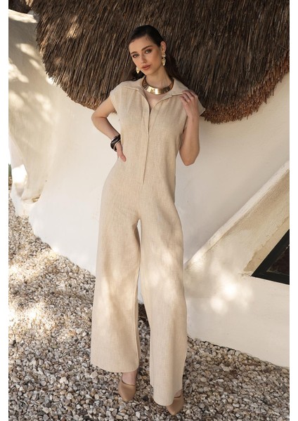Çıt Çıtlı Keten Karışımlı Kolsuz Tulum Bej 9273 fırsatları