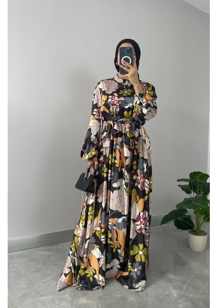 Çiçek Desenli Saten Tesettür Elbise fırsatları