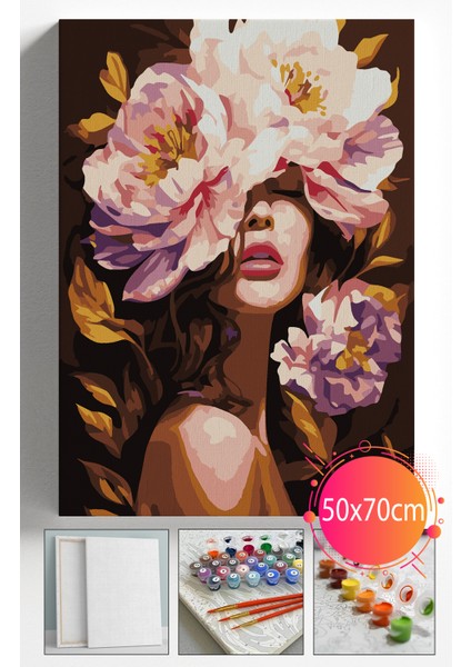 Sayılarla Boyama Seti Numaralı Tuval Fırça Boya Dahil Kasnaklı Set 50X70 cm - Çiçek Açan Kadın