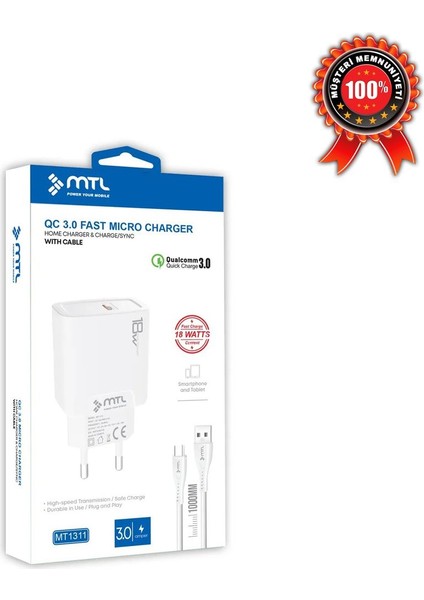 3 Amper 18W Micro USB Hızlı Ev Tipi Şarj Seti MT-A1311