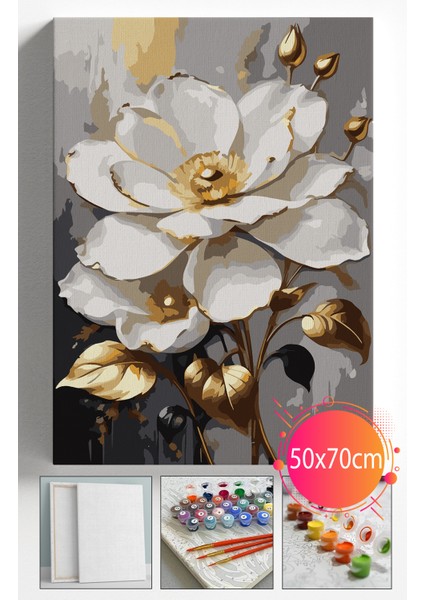 Sayılarla Boyama Seti Numaralı Tuval Fırça Boya Dahil Kasnaklı Set 50X70 cm - Beyaz Çiçek