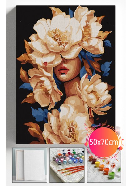 Sayılarla Boyama Seti Numaralı Tuval Fırça Boya Dahil Kasnaklı Set 50X70 cm - Çiçek Açan Kadın 2