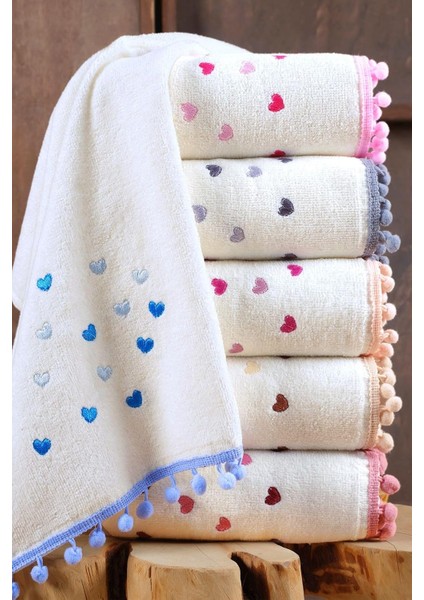 6 Adet Kalpli Nakışlı - Kalp Desenli El ve Yüz Havlu Seti - Mutfak Havlusu 30X50 cm Çok Renkli- 30 x 50