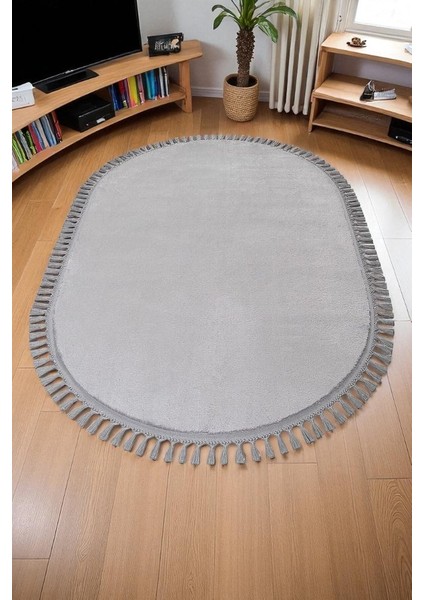 Vn Comfort Oval Ponpon Saçaklı Peluş Halı Gri