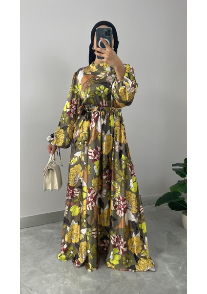 Çiçek Desenli Saten Tesettür Elbise