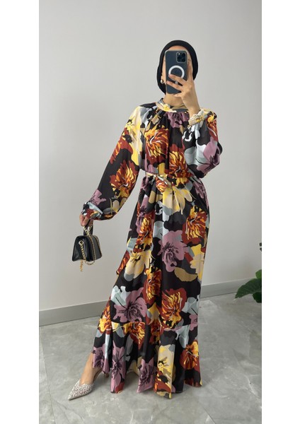 Çiçek Desenli Saten Tesettür Elbise