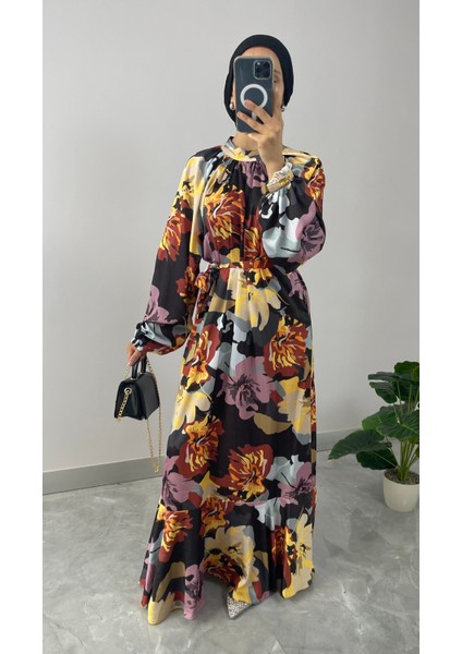Çiçek Desenli Saten Tesettür Elbise fiyatları