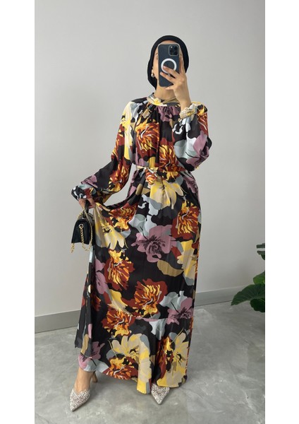 Çiçek Desenli Saten Tesettür Elbise modelleri