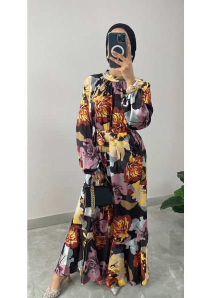 Çiçek Desenli Saten Tesettür Elbise fırsatları