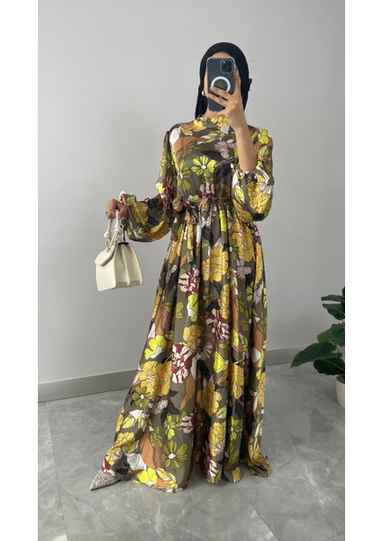 Çiçek Desenli Saten Tesettür Elbise modelleri