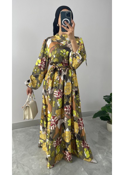 Çiçek Desenli Saten Tesettür Elbise fırsatları