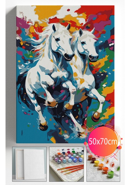 Sayılarla Boyama Seti Numaralı Tuval Fırça Boya Dahil Kasnaklı Set 50X70 cm - Beyaz Renkli Atlar