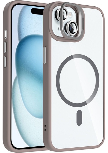 iPhone Uyumlu 15 Kılıf Standlı ve Kamera Lens Hediyeli M-Safe Şarj Özellikli Zore Etro Kapak-Gri