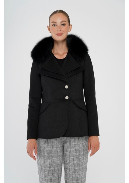 Çıkabilir Kürklü Çift Yaka Detaylı Kısa Kaşmir Kaban Siyah 3815-TK