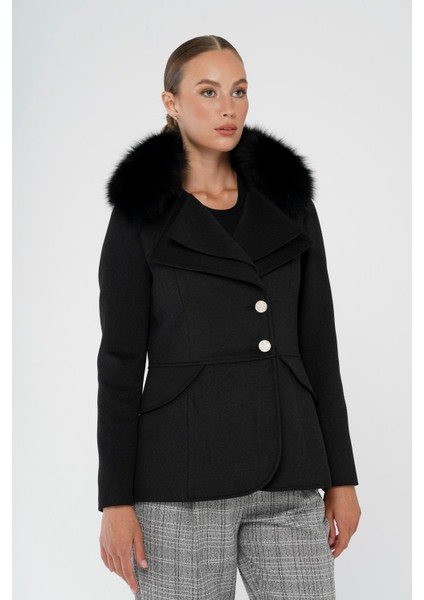 Çıkabilir Kürklü Çift Yaka Detaylı Kısa Kaşmir Kaban Siyah 3815-TK fiyatları