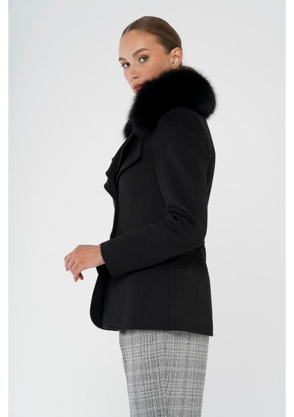 Çıkabilir Kürklü Çift Yaka Detaylı Kısa Kaşmir Kaban Siyah 3815-TK fırsatları