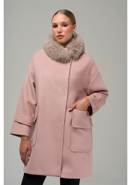 Çıkabilir Kürklü Torba Cepli Oversize Kaşmir Kaban Pudra 3924-TK