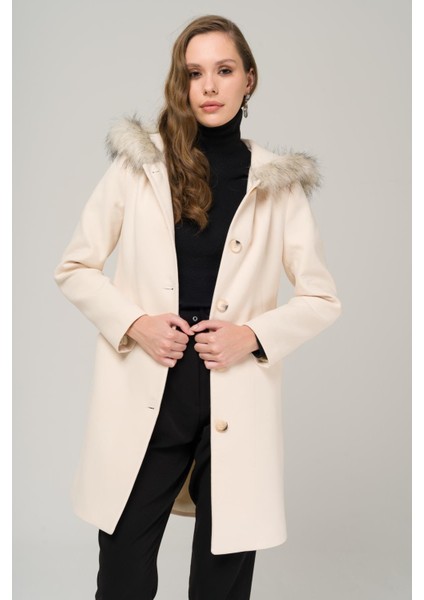 Kapüşonlu Kürklü Belden Bağlamalı Kaban Ekru 3986
