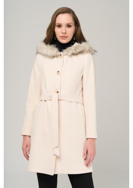 Kapüşonlu Kürklü Belden Bağlamalı Kaban Ekru 3986 modelleri
