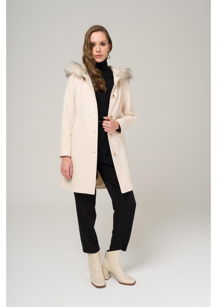 Kapüşonlu Kürklü Belden Bağlamalı Kaban Ekru 3986 fırsatları