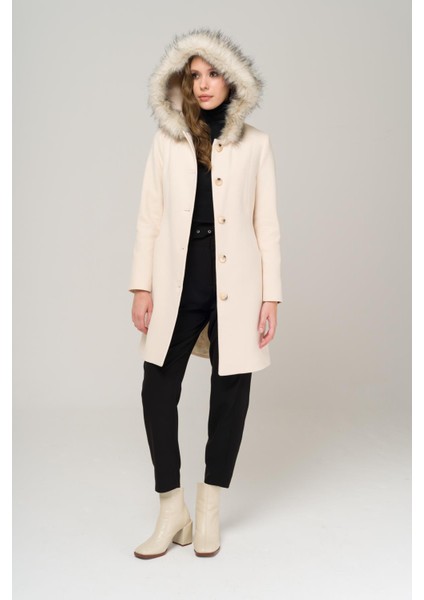 Kapüşonlu Kürklü Belden Bağlamalı Kaban Ekru 3986 indirimleri