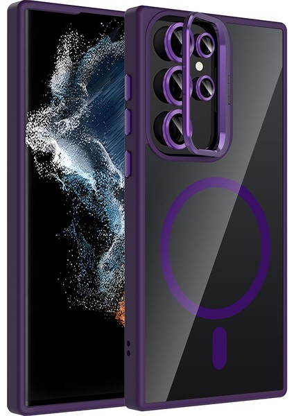 Galaxy Uyumlu S22 Ultra Kılıf Standlı ve Kamera Lens Hediyeli M-Safe Şarj Özellikli Zore Etro Kapak-Derin Mor
