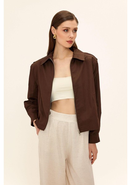 Fermuarlı Kısa Gabardin Ceket Kahve 8260