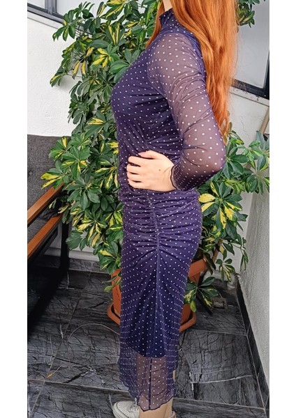 Straight Fit Yarım Balıkçı Yaka Puantiye Desenli Midi Uzun Kollu ELBISE-200 modelleri