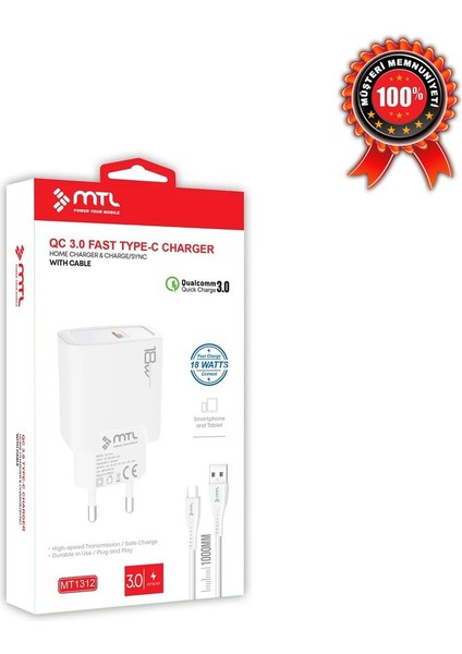 3 Amper 18W Type-C USB Hızlı Ev Tipi Şarj Seti MT-A1312
