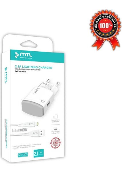 Iphone Lightning USB Ev Tipi Şarj Seti 2.1 Amper 10.5W MT-A1205