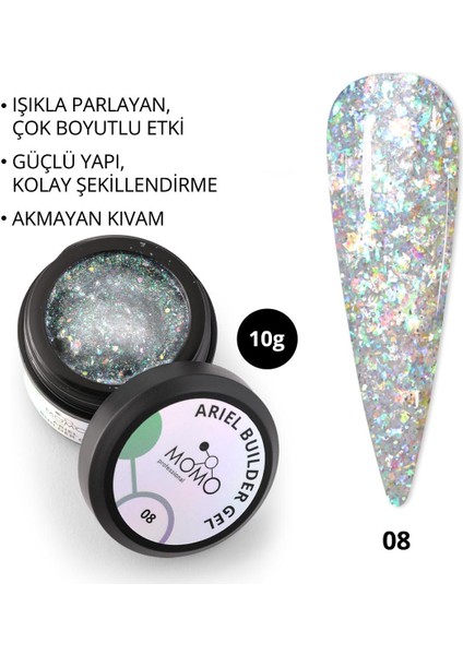 Ariel Builder Gel, Nail Art Için Protez Tırnak Jeli No.08, Şeffaf Holografik Yeşil Lila Simli, 10 gr