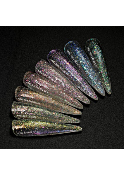 Ariel Builder Gel, Nail Art Için Protez Tırnak Jeli No.08, Şeffaf Holografik Yeşil Lila Simli, 10 gr