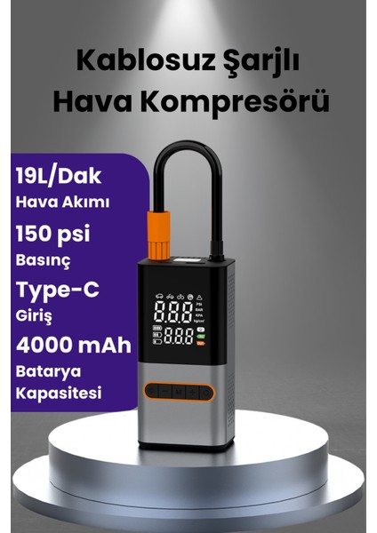 Şarjlı Hava Kompresörü 4000 Mah 4ın1 Şarjlı+Araç Taşınabilir Araç Lastik Top Şişirme Pompası Oto