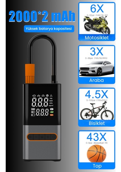 Şarjlı Hava Kompresörü 4000 Mah 4ın1 Şarjlı+Araç Taşınabilir Araç Lastik Top Şişirme Pompası Oto