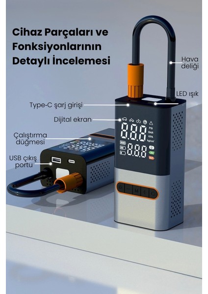 Şarjlı Hava Kompresörü 4000 Mah 4ın1 Şarjlı+Araç Taşınabilir Araç Lastik Top Şişirme Pompası Oto