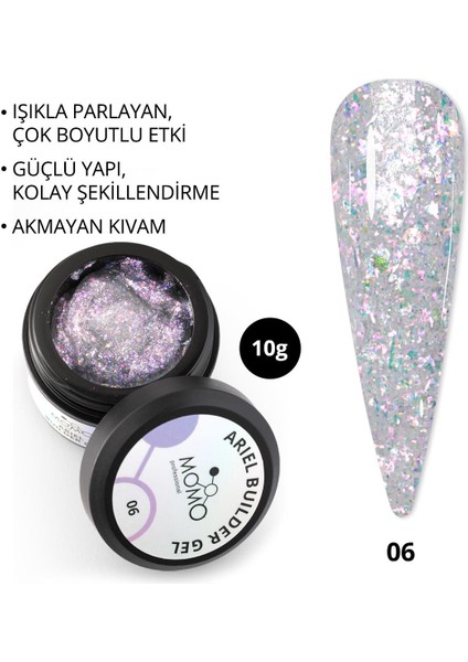 Ariel Builder Gel, Nail Art Için Protez Tırnak Jeli No.06, Şeffaf Holografik Pembe Lila Simli, 10 gr