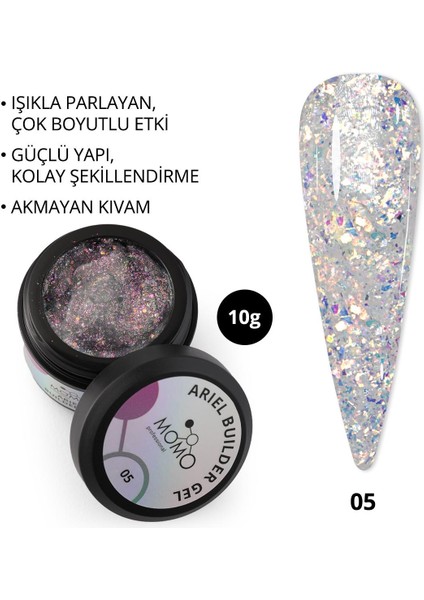 Ariel Builder Gel, Nail Art Için Protez Tırnak Jeli No.05, Şeffaf Holografik Pembe Mavi Simli, 10 gr