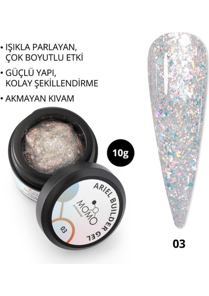 Ariel Builder Gel, Nail Art Için Protez Tırnak Jeli No.03, Şeffaf Holografik Turuncu Sarı Simli, 10 gr