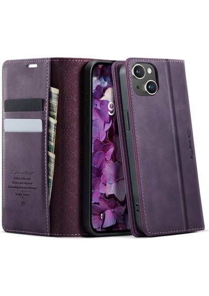 iPhone 15 Rfıd Engelleme Cüzdan Standı Dana Dokulu Deri Telefon Kılıfı (Yurt Dışından)