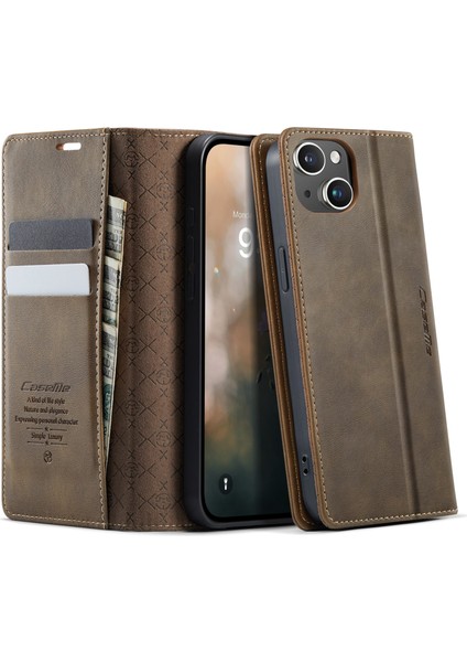iPhone 15 Rfıd Engelleme Cüzdan Standı Dana Dokulu Deri Telefon Kılıfı (Yurt Dışından)