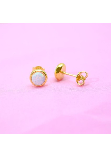 Gümüş Küpe - Kadın Yuvarlak Opal Taşlı 925 Ayar Gümüş Küpe
