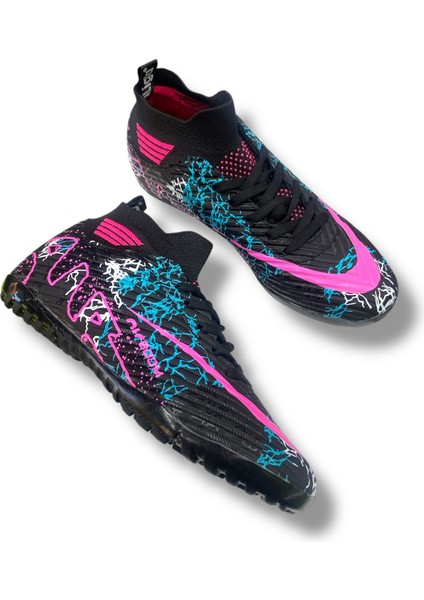 Çocuk Yeni Model Çoraplı Halısaha Ayakkabı Siyah Fuşya Desenli