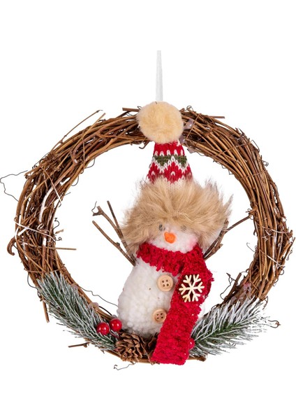 Yılbaşı Süsü Çelenk Kardan Adam Figürlü Yeşil-Kırmızı 20X20 Cm.