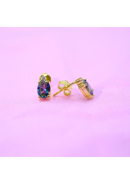 Gümüş Küpe - 1.10 Karat Mistik Topaz Oval Taşlı 925 Ayar Gümüş Küpe