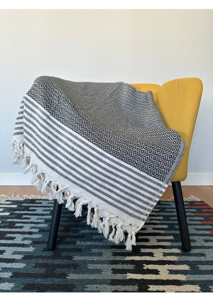 Elmas Desenli Düğüm Saçaklı Koltuk ve Yatak Örtüsü – %100 Geri Dönüştürülmüş Pamuk, 200X230 cm | Siyah Renk modelleri